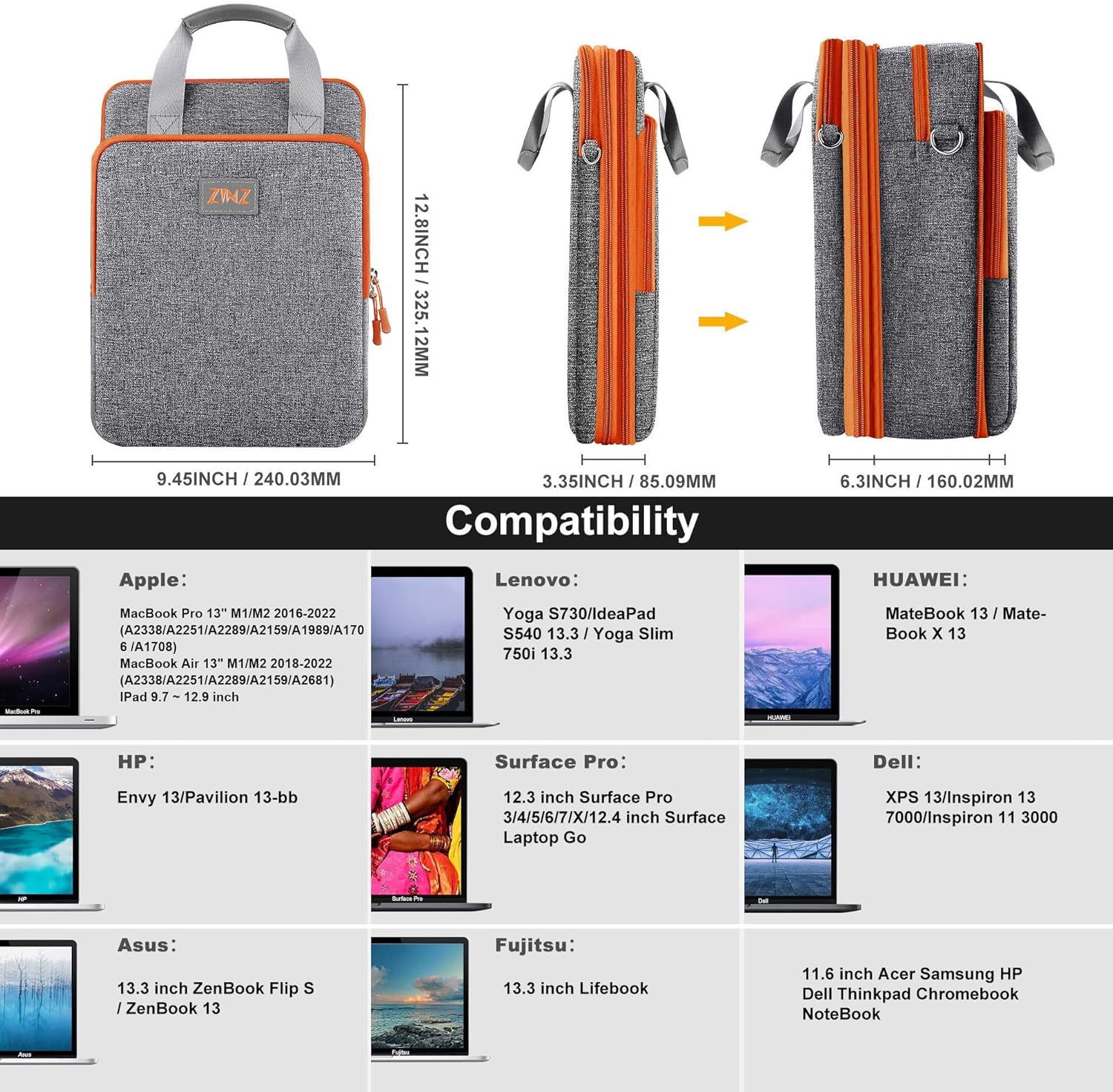 ZINZ Slim & Expandable Case 12.9 13 inch Travel Laptop Shoulder Bag for MacBook Air 13" M3/M2/M1, MacBook Pro 13" M2/M1, iPad Pro 12.9"/13"/11", iPad Air 13",L01G03 - PuriLite