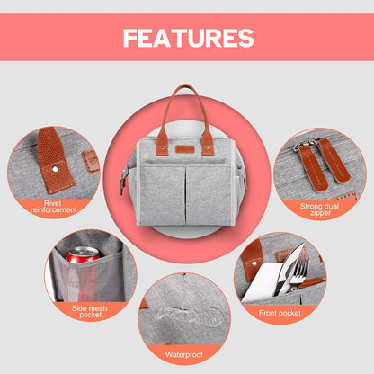 Lunch Bag for Women & Men, Insulated Lunch Box Cooler Tote Bags, Adult Reusable Lunch Boxes with Water Resistant for Work, Travel and Picnic (Grey)