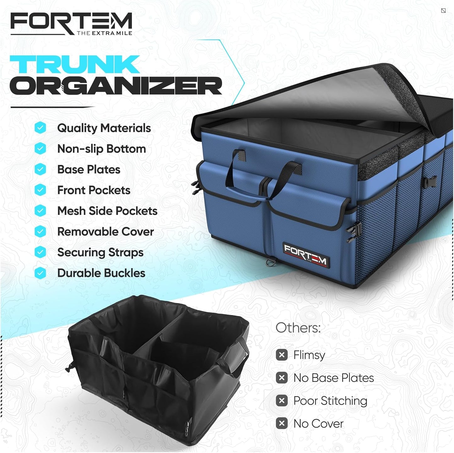 FORTEM Car Trunk Organizer, Collapsible Multi Compartment Car Organizer, Foldable SUV Storage for Car Accessories for Women Men, Non Slip Bottom, Securing Straps, Soft Cover 50L (Black, Standard)