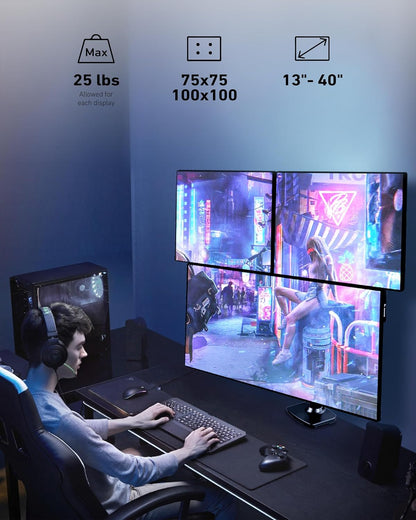 ErgoUnion Dual Monitor Stand for Desk, Vertical Dual Monitor Mount with Wide Range of Motion, Dual Monitor Arm for 17-40" Screen up to 25 lbs Each, Computer Monitor Stand for 2 Monitors - Black