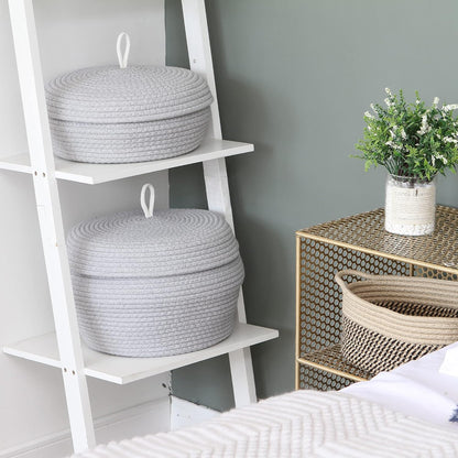 Sea Team Round Cotton Rope Storage Basket with Lid, Decorative Woven Storage Bin, Pot, Caddy, Organizer, Container for Snacks, Towels, Plants (Grey, Small)