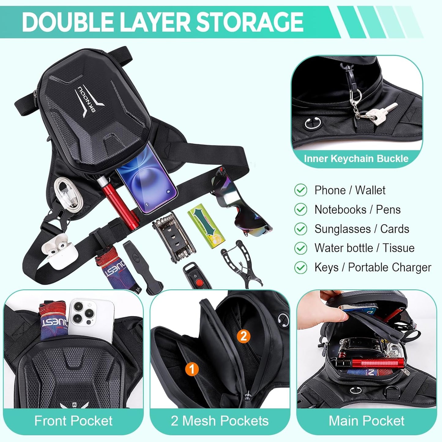 BKNOOU Drop Leg Bag for Men Women Motorcycle Leg Bags Tactical Thigh Bag with Removable Leg Straps Waterproof Fanny Pack Outdoor Leg Pouch for Running Hiking Climbing Cycling Fishing Travel Riding