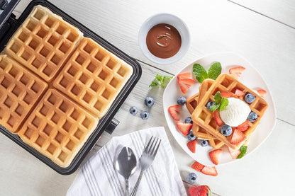 CucinaPro Four Square Belgian Waffle Maker, Extra Large Stainless Steel Kitchen Appliance w Nonstick Waffler Iron Plates Makes 4 Fluffy Waffles, Great Griddle for Family Breakfast or Housewarming Gift