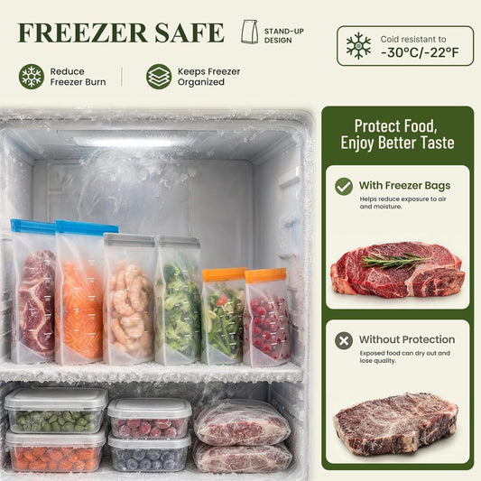 Dishwasher Safe Reusable Storage Bags Stand Up - BPA Free PEVE Reusable Sandwich Bags - Leakproof Gallon Freezer Bags, Silicone Food Storage Bags (20 Pack- 6Gallon+6Sandwich+8Snack)