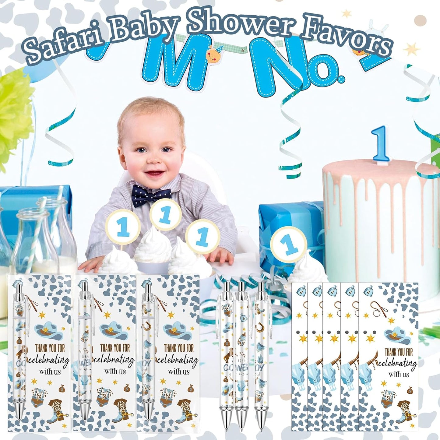 Lebsitey 50 Sets Pen Baby Shower Favors Gifts for Guests Includes 50 Rolling Paper Ballpoint Pens and 50 Greeting Thank You Bookmarks Baby Shower Party Favors (Safari)
