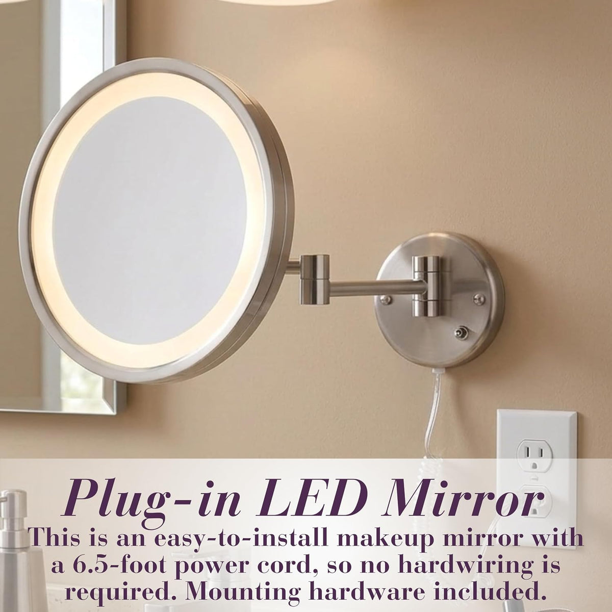 Jerdon HL1016NL 9.5-Inch LED Halo Lighted Wall Mount Mirror with 5x Magnification, 16-Inch Extension, Nickel Finish | 9.5" Diameter, 16" Wall Arm, LED Lighting, Corded Plug-In Power