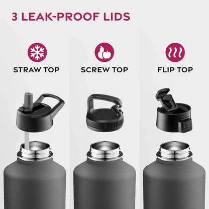 FineDine Water Bottle - Stainless Steel Insulated Water Bottle with Straw Lid, Flip Lid & Wide-Mouth Cap - Keeps Hot and Cold - 25 Oz / 739ml - Pure Pearly White