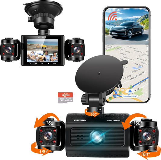 3 Channel Dash Cam WiFi FHD 2K Car Camera with 64GB Card, WIZACE 270° Front Dash Camera Front and Inside Left Right for Cars, Mini Dashcams with Night Vision,Loop Recording,WDR,G-Sensor, APP