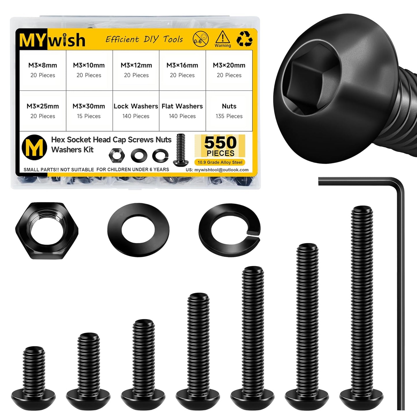 Mywish 900Pcs Metric Screw Assortment, M3 M4 M5 M6 Screw Assortment Kit 304 Stainless Steel Hex Socket Button Head Socket Cap Metric Screws Bolts & Flat Washers/Nuts/Hex Wrenches 16 Sizes 8MM to 20MM