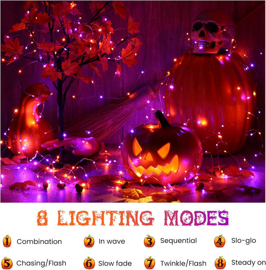 Lyhope Orange Purple Halloween Lights, 2 Pack 33ft 100 Led Battery Halloween Lights, Waterproof 8 Modes with Remote Copper Wire String Lights for Halloween Holiday Party Carnival Graveyard Decorations
