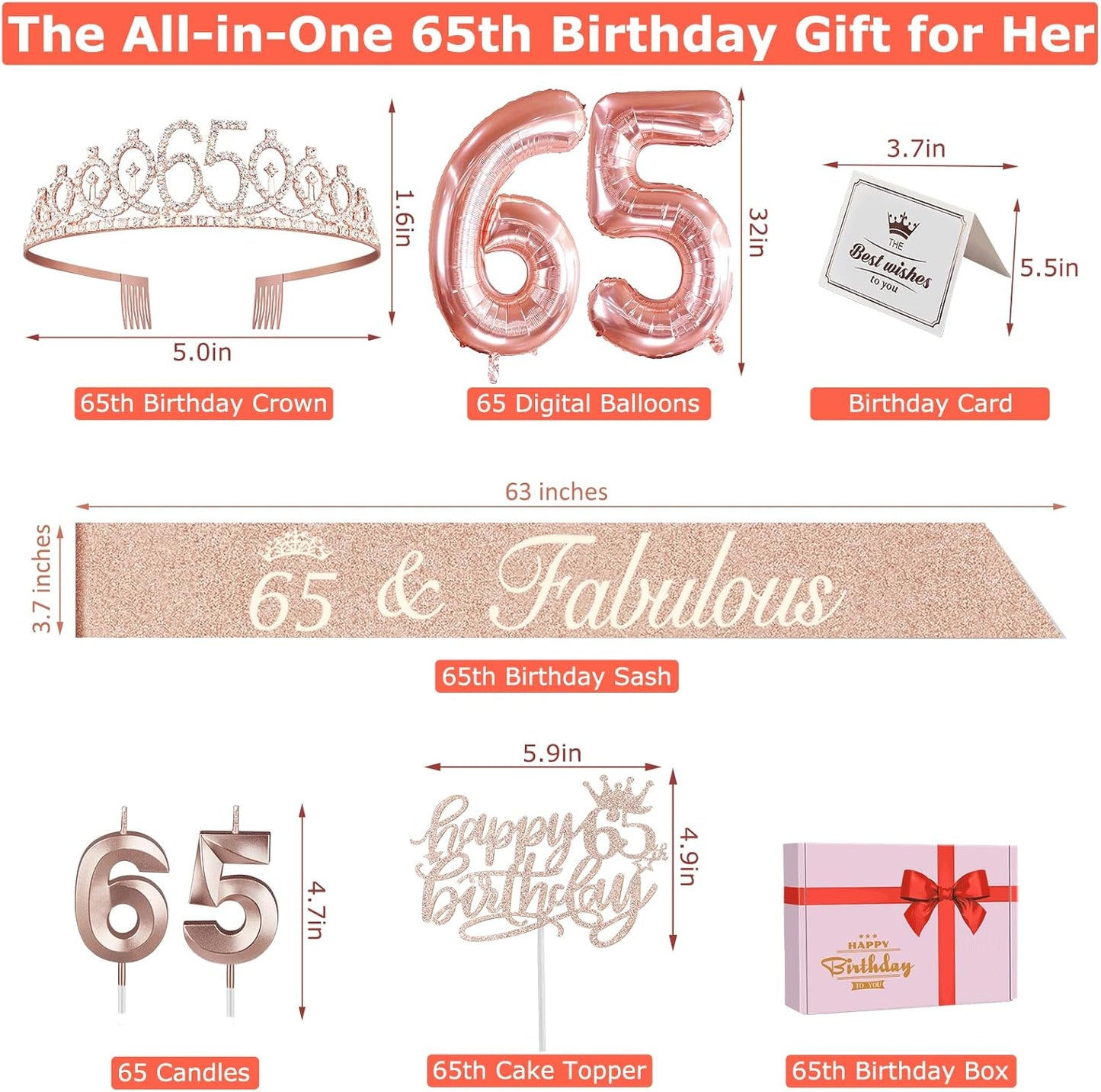 65th Birthday Decorations for Women, Including 65th Birthday Sash and Crown, Cake Topper and Candles, Number Balloons Rose Gold, 65 Year Old Gifts for Women