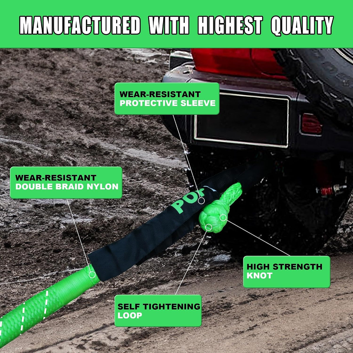 Kinetic Recovery Rope,(1in x 30ft Green) 48,500lbs Snatch Strap, Heavy Duty Stretch Nylon Towing Ropes with 2pcs Soft Shackles for Offroad Vehicle, Jeep, SUV, ATV, Tractor Elastic Ropes Kit