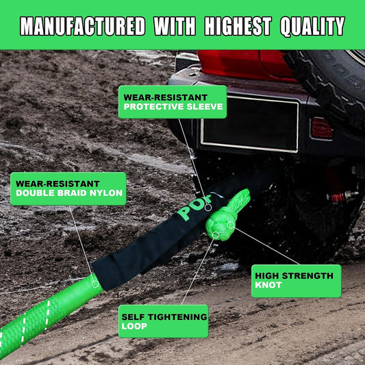 Kinetic Recovery Rope,(1in x 30ft Green) 48,500lbs Snatch Strap, Heavy Duty Stretch Nylon Towing Ropes with 2pcs Soft Shackles for Offroad Vehicle, Jeep, SUV, ATV, Tractor Elastic Ropes Kit