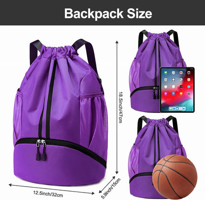 Hoedia Sports Drawstring Backpack - String Swim Gym Bag with Shoes Compartment and Wet Proof Pocket for Women/Men