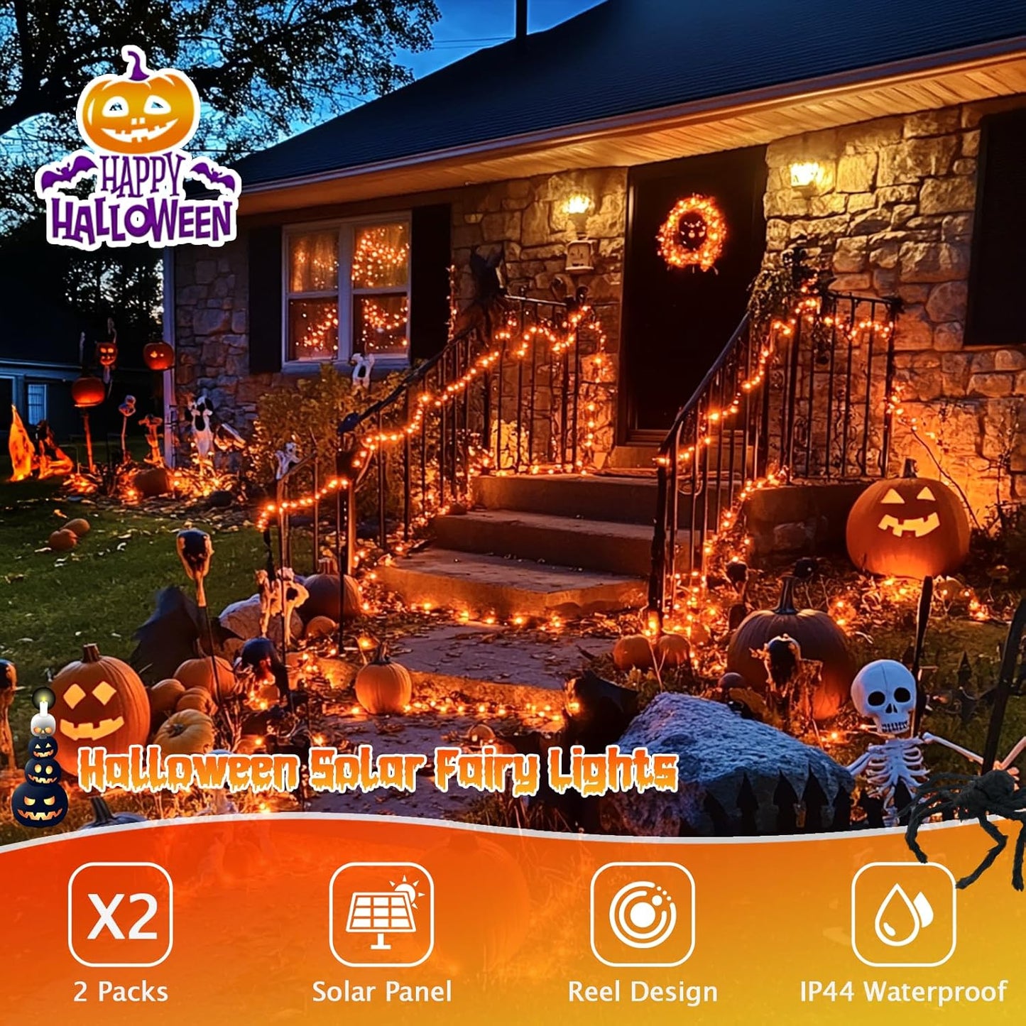 Solar Halloween Decoration Lights, JMEXSUSS 2 Pack 33FT 100 LED Orange and Purple Halloween String Lights, Halloween Lights with 8 Modes for Halloween Tree Yard Outdoor Spooky Party Garden Decorations