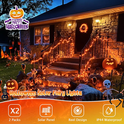 Solar Halloween Decoration Lights, JMEXSUSS 2 Pack 33FT 100 LED Orange and Purple Halloween String Lights, Halloween Lights with 8 Modes for Halloween Tree Yard Outdoor Spooky Party Garden Decorations