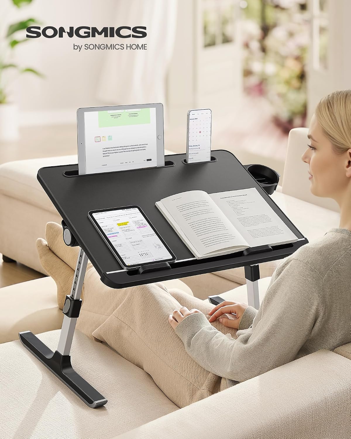 SONGMICS Bed Laptop Desk, Foldable Bed Desk for Laptop, 56 x 40 cm Large Desktop, 120° Stepless Tilt, Adjustable Height, Cup Holder, Tray, Portable Sofa Table, Ink Black ULLD113BC01