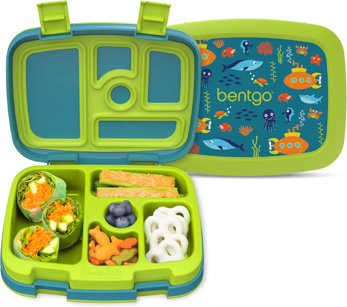 Bentgo Kids Prints Leak-Proof, 5-Compartment Bento-Style Kids Lunch Box - Ideal Portion Sizes for Ages 3-7, Durable, Drop-Proof, Dishwasher Safe, & Made with BPA-Free Materials (Green Rainbow)