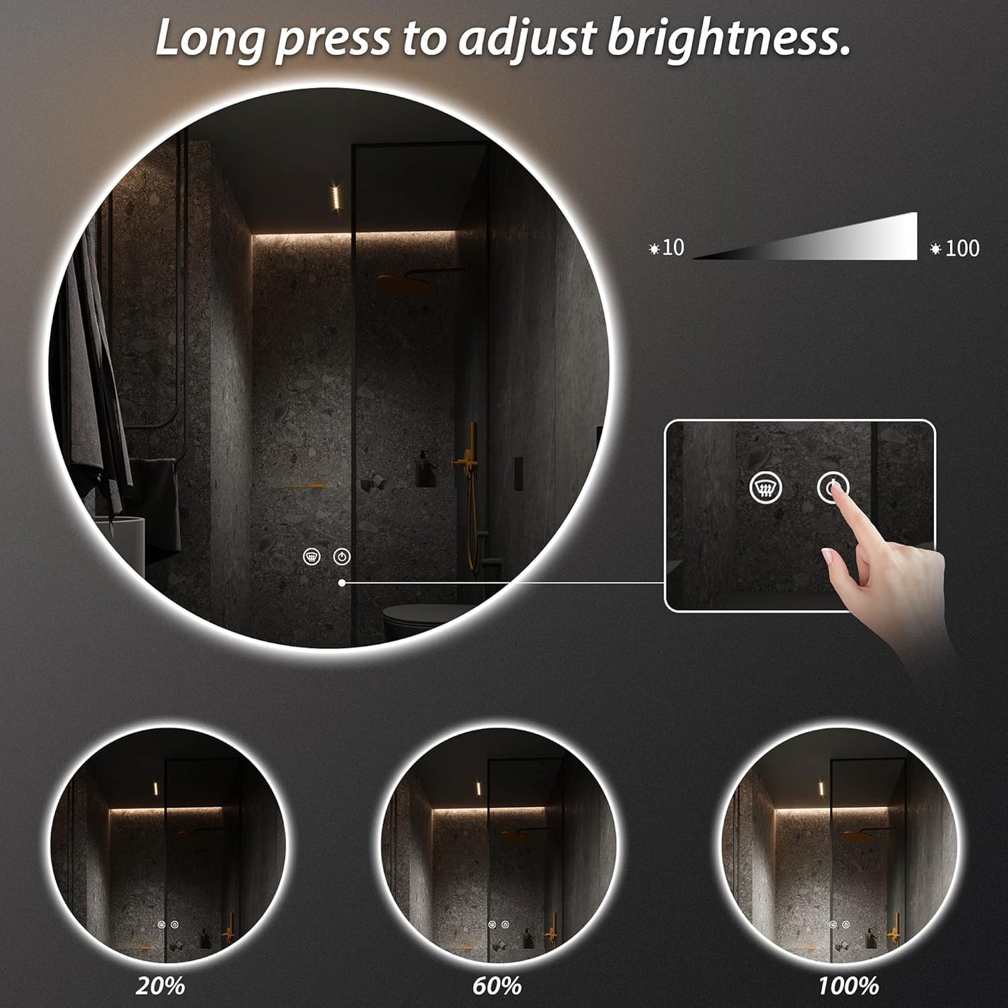 TETOTE 28 Inch Round LED Bathroom Vanity Mirror, Anti-Fog Dimmable Lights IP54 Waterproof Circle Makeup Wall Mounted Mirror