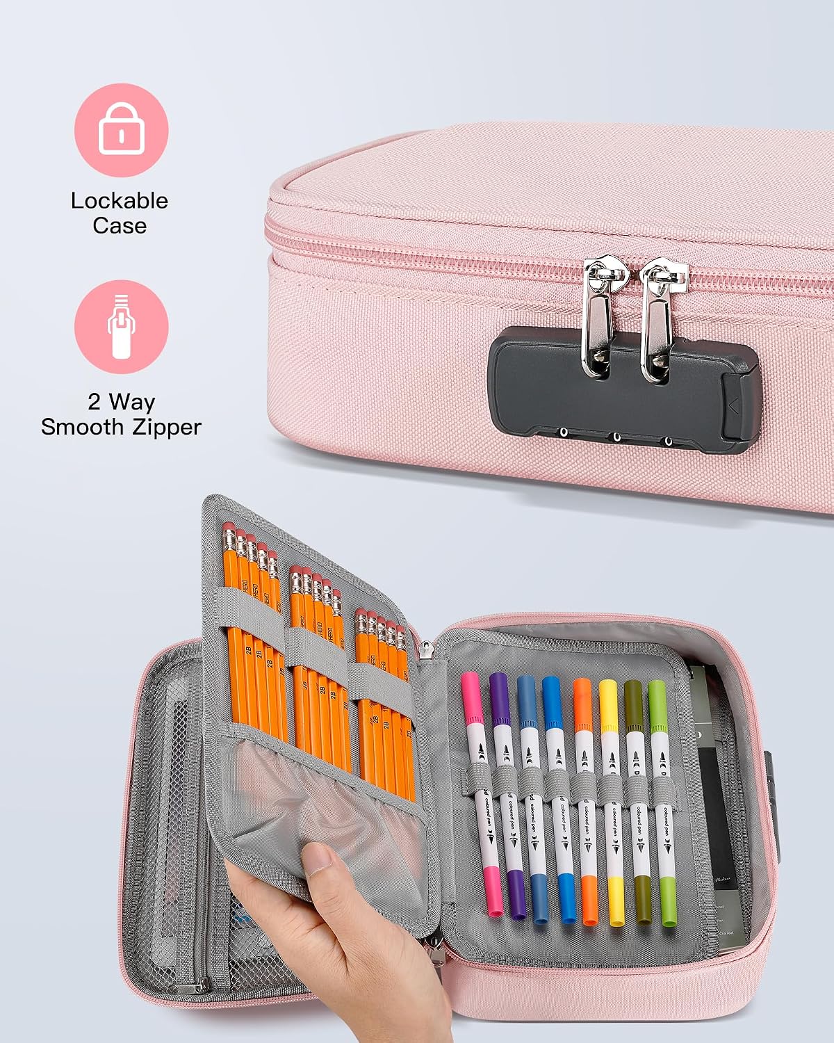 Zannaki Large Capacity Pencil Pouch Case with Lock, Pen Marker Stationery Bag Art Supply Storage Organizer Box for Bullet Journal Middle High School College Student Teen Girl Boy Women Adult, Pink