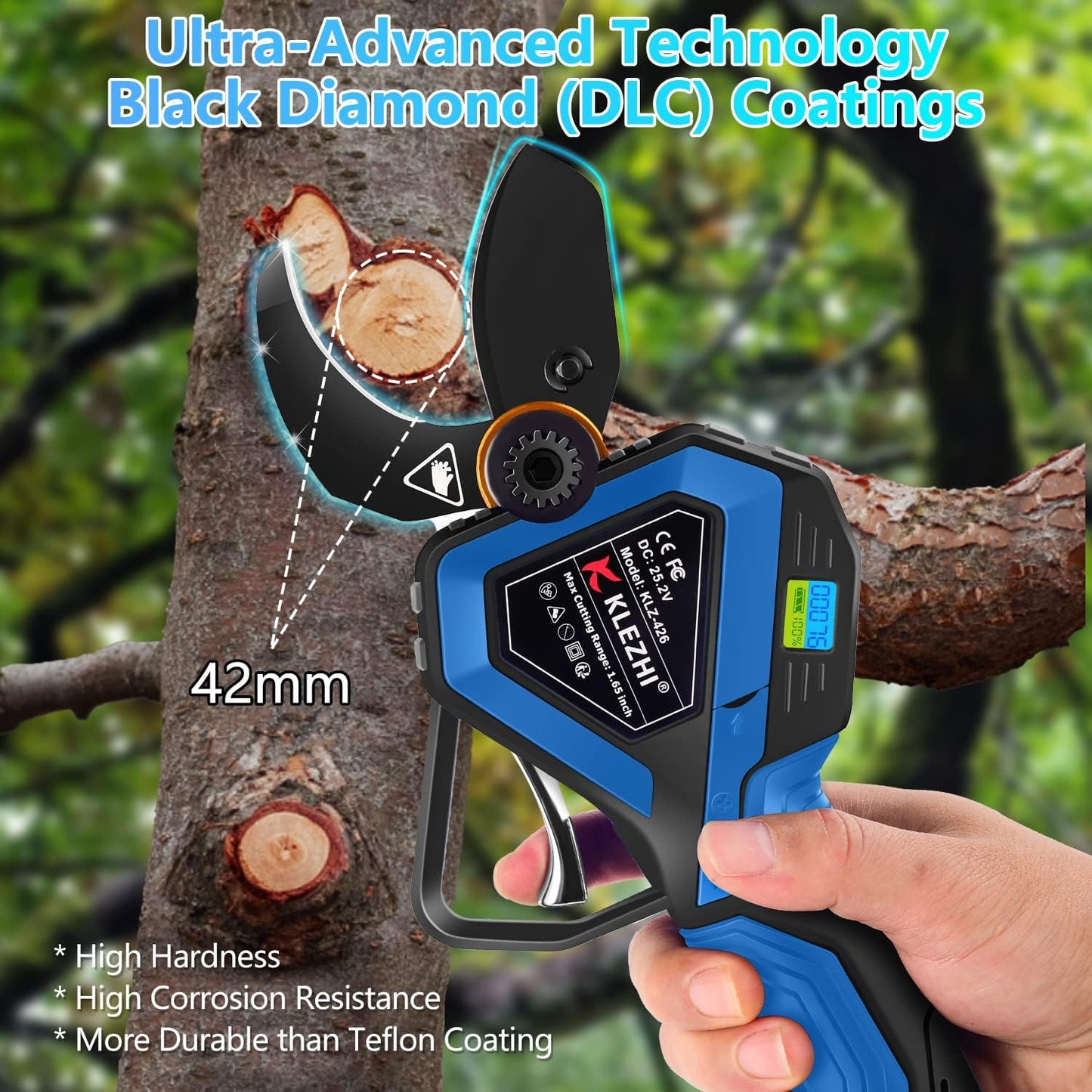 K KLEZHI Cordless Electric Pruning Shears, Rechargeable Battery, 42MM (1.65 Inch) Cutting Diameter Fruit Tree Branches Cutter,Good for Arthritis Hands 8-10 Working Hours Black