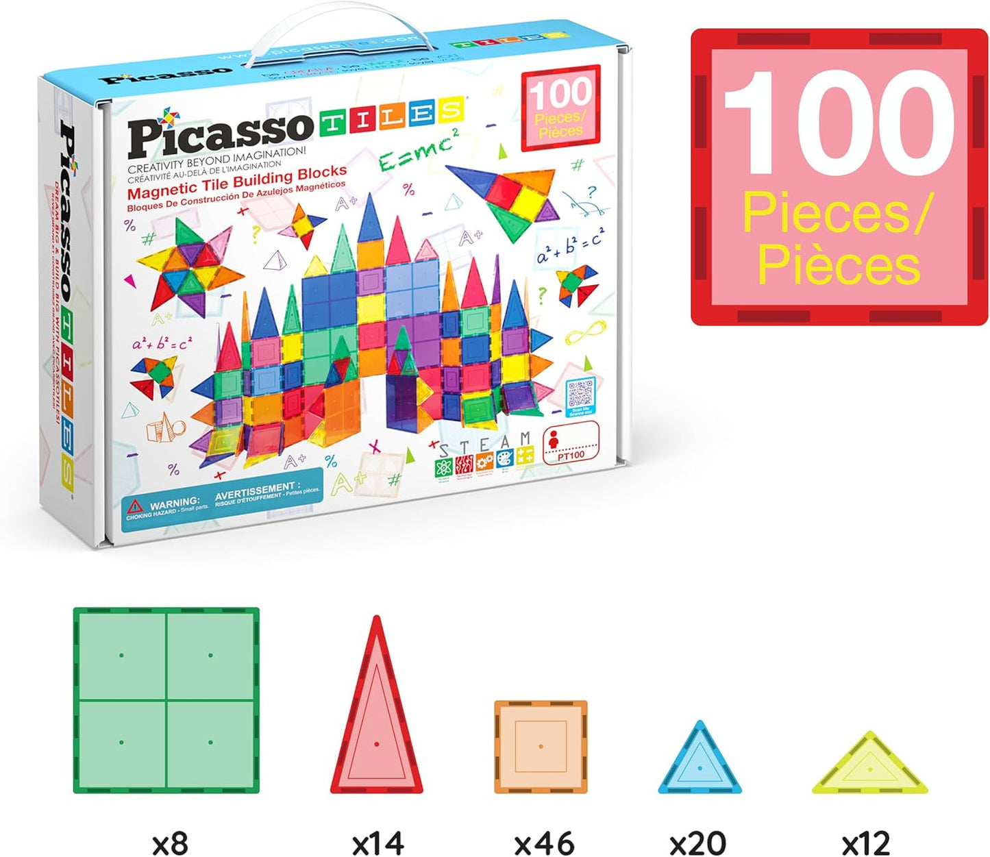 PicassoTiles 100 Piece Set 100pcs Magnet Building Tiles Clear Magnetic 3D Building Blocks Construction Playboards, Creativity beyond Imagination, Inspirational, Recreational, Educational Conventional