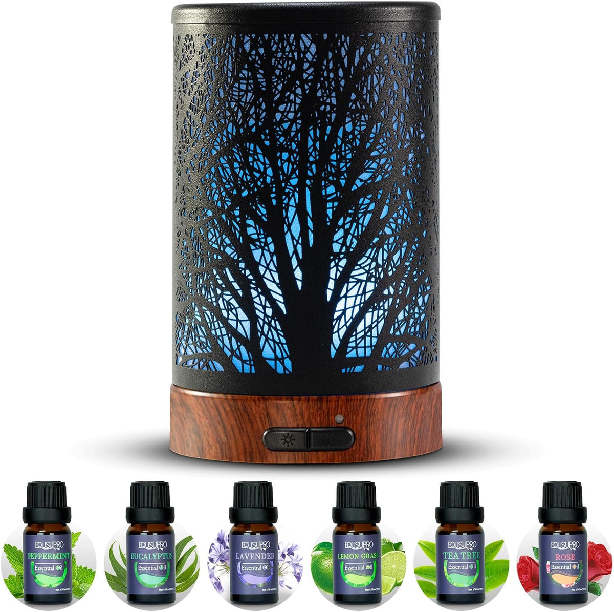 EQUSUPRO Essential Oil Diffuser 150ml Black Metal Aromatherapy Oil Diffuser Ultrasonic Cool Mist Diffuser with Auto Shut-Off Protection,7 Colors Changed LED for Home Office SPA Yoga