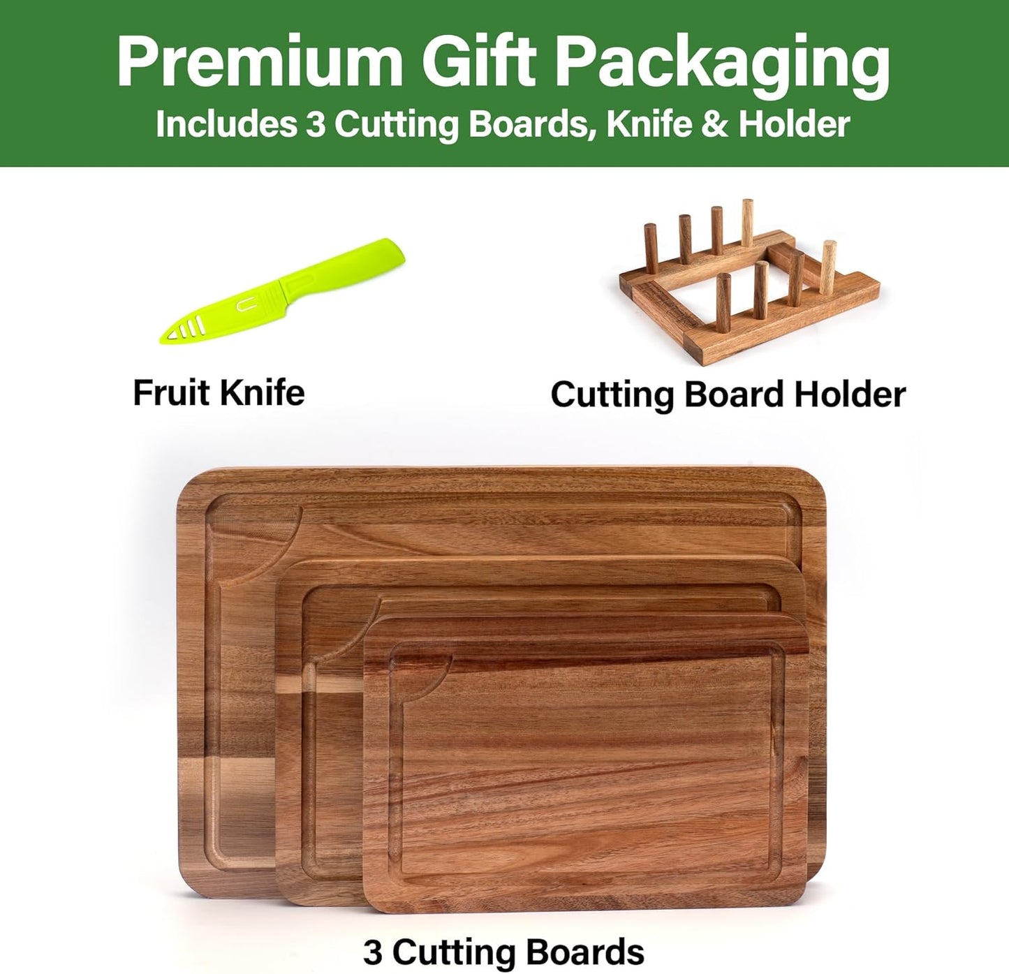 Bamboo Cutting Board for Kitchen, Bamboo Cutting Board Set of 3 with Juice Groove, Double-Sided Chopping Board Serving Board with Hanging Hole for Meat, Vegetables and Cheese