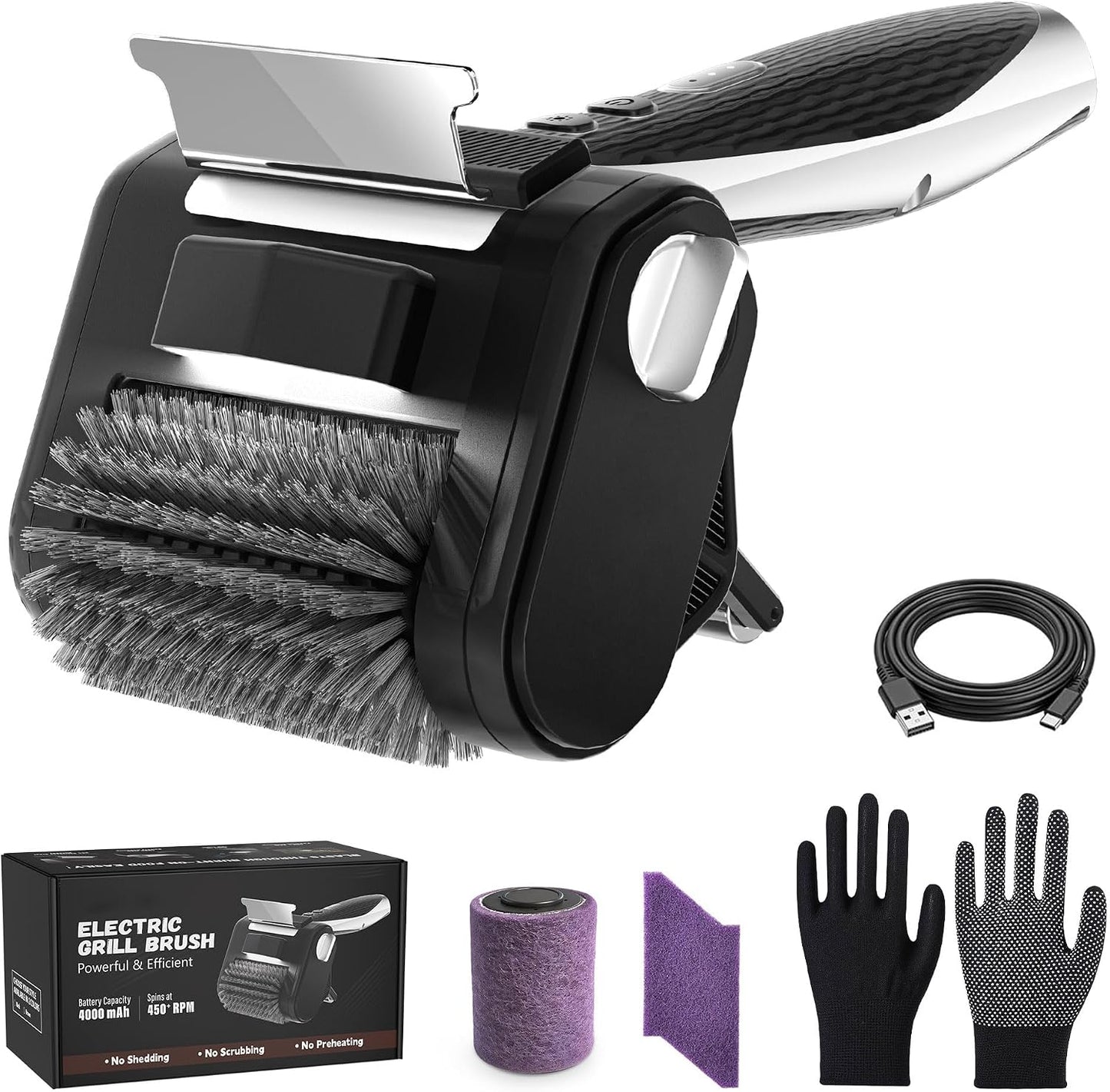 Electric Grill Brush with LED Light, Efficient Grill Cleaning Brush with 350 RPM Stainless Power Roller, Grill Brush Bristle Free Blasts Away Burnt-On Food for Gas/Charbroil Grates (Black)