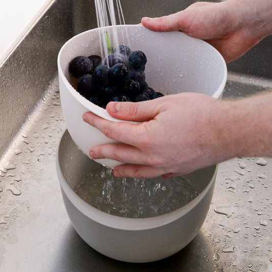 Blue Ginkgo Rice Washing Bowl and Colander Kitchen Set - Strain Rice, Quinoa and Small Grains - Soak, Wash and Drain Produce (4 Quart) - Cream and Limestone - PuriLite