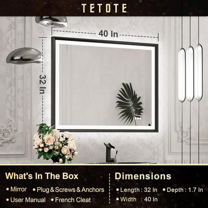 TETOTE 28x36 LED Mirror for Bathroom Black Metal Frame Frontlit & Backlit Lighted Vanity Mirror Baroque Gothic Anti Fog Stepless Dimmable White/Warm/Natural,Wall Mounted(Horizontal/Vertical)