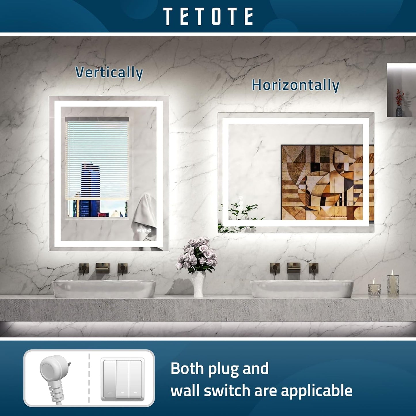 TETOTE LED Bathroom Mirror 20x28 Frontlit & Backlit Lighted Vanity Mirror Anti Fog Stepless Dimmable 3 Colors White/Warm/Natural,Double Lights,Wall-Mounted(Horizontal/Vertical)