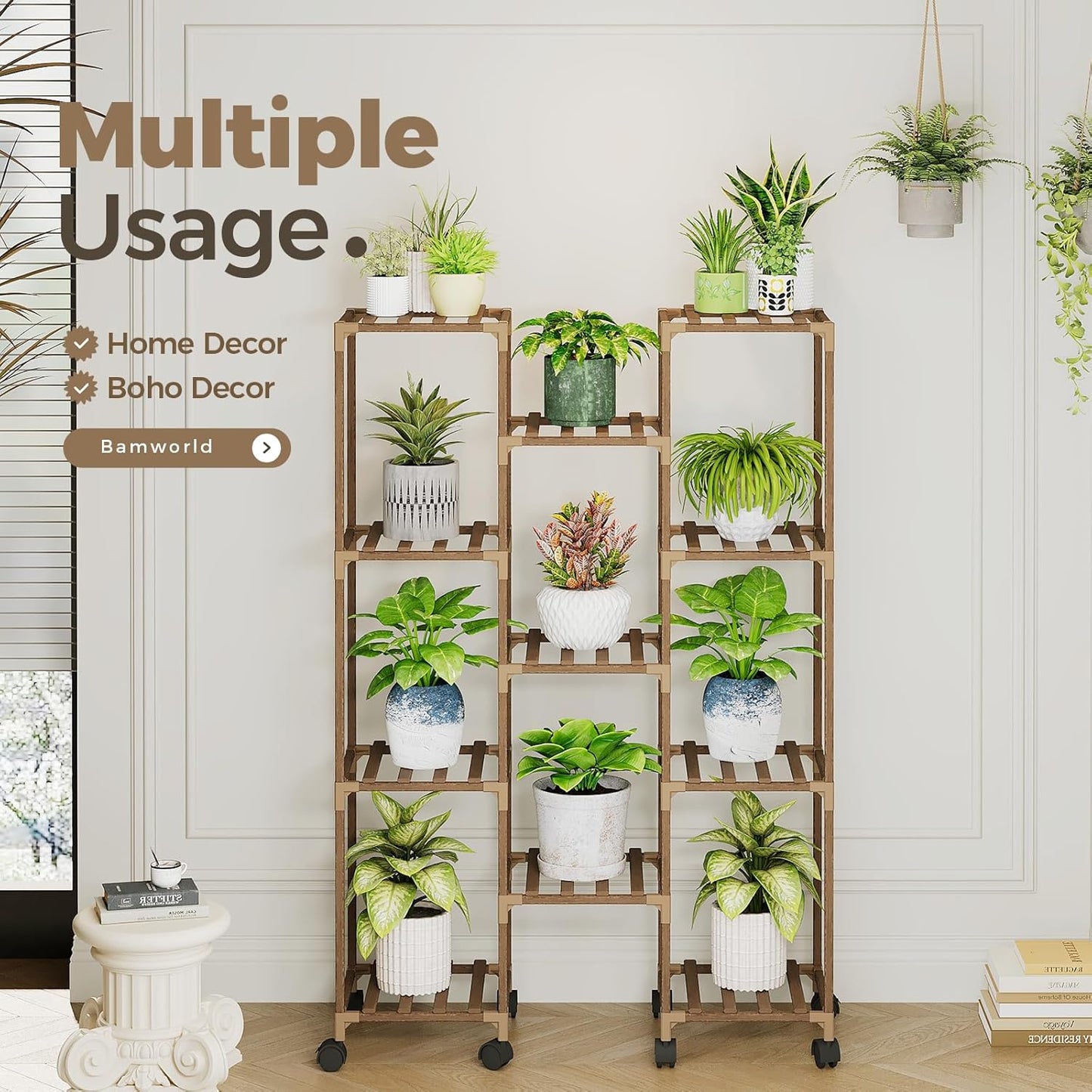 Bamworld Plant Stand Indoor Outdoor Hanging Plant Shelf for Multiple Plants Pots Wood Flower Stand Tall Large Flower Holder for Living Room, Patio, Balcony, Garden Decor, Brown