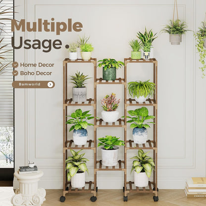 Bamworld Plant Stand Indoor Outdoor Hanging Plant Shelf for Multiple Plants Pots Wood Flower Stand Tall Large Flower Holder for Living Room, Patio, Balcony, Garden Decor, Brown