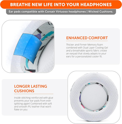 WC Freeze Virtuoso - Hybrid Fabric Cooling Gel Replacement Earpads for Corsair Virtuoso Gaming Headset, Made by Wicked Cushions, Improved Durability, Thickness and Sound Isolation | 90s White