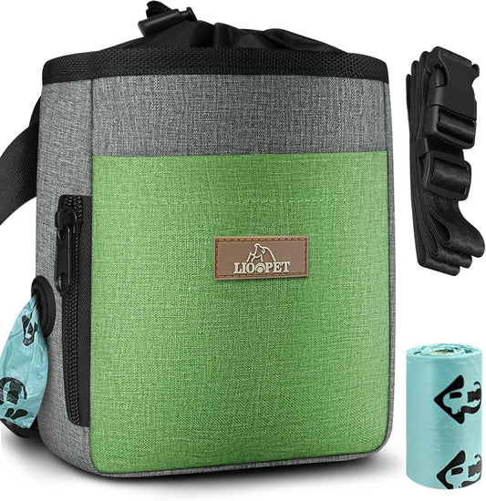 Upgraded Large-Sized Dog Treat Pouch with Waist Clip - Fashionable Green&Grey Design - Large Capacity Treat Bag for Dog Walks,Outdoor Activities, Travel and Training - Includes 1 Poop Bags