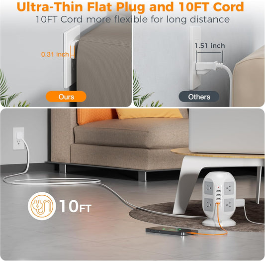 Purilite Select Flat Plug Tower Power Bar with Surge Protector