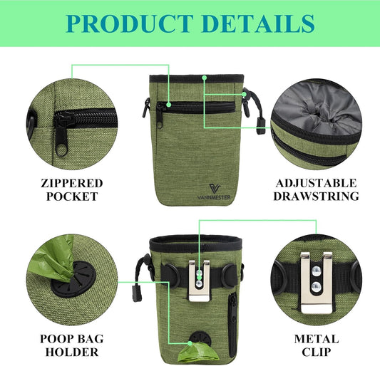 VANNMESTER Dog Training Treat Pouch,Hands-Free Dog Treat Bag,Puppy Treat Pouch,Dog Training Bag with Adjustable Belt, Metal Clip-Green - PuriLite