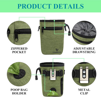 VANNMESTER Dog Treat Pouch with Stronger Magnetic Closure Dog Treat Pouch 4 Cup Front Pocket fits All Phones Built-in Poop Bag Dispenser (Green)