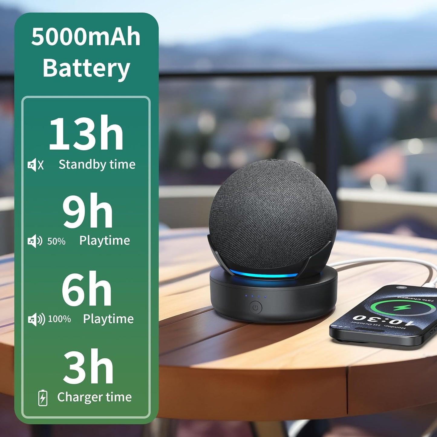PlusAcc Battery Base for Dot 5th Gen & Dot 4th Gen & Cellphones - 5000 mAh Portable Charger Stand Holder, Rechargeable Charging Dock Station Compatible with Dot 5/4 Gen & Smartphones & Earbuds (Black)
