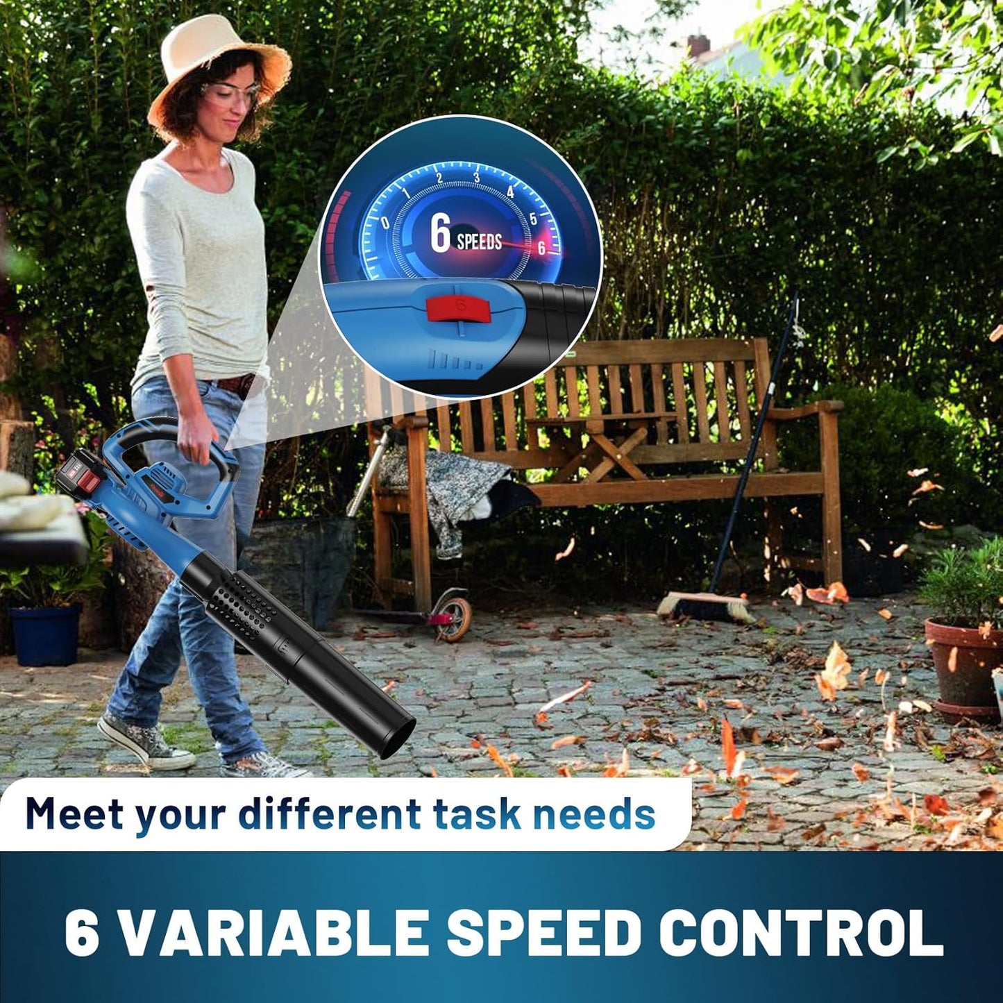 Leaf Blower Cordless,460CFM &190MPH,20V 4.0Ah Upgrade Battery Powered 2-in-1 Leaf Blower(Upgraded),6 Variable Speed,for Blowing Leaves,Debris,Snow and Dust,4.0Ah Battery&Charger Included(Blue)