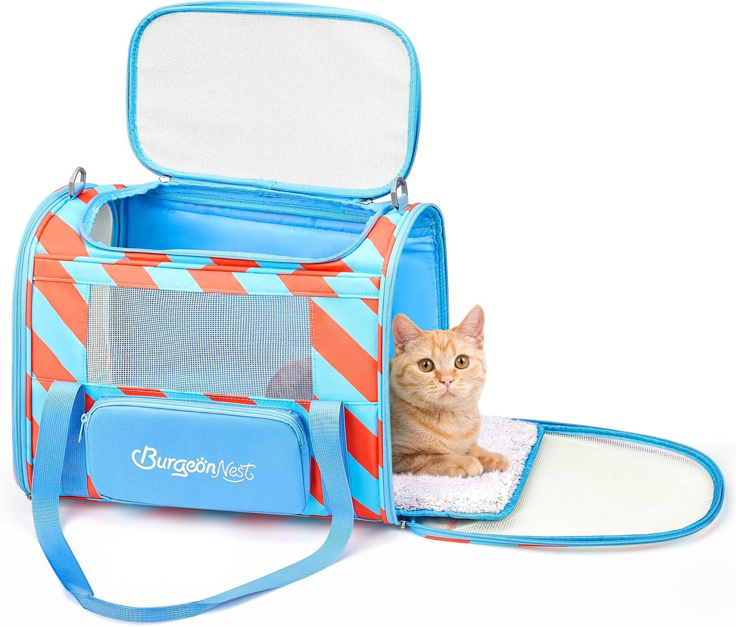 BurgeonNest Cat Carriers for Medium Cats Under 25 lbs, Pet Carrier for Cats with Unique Side Bag,Top Load Small Pet Carrier Soft-Sided Escape Proof with 4 Ventilated Windows