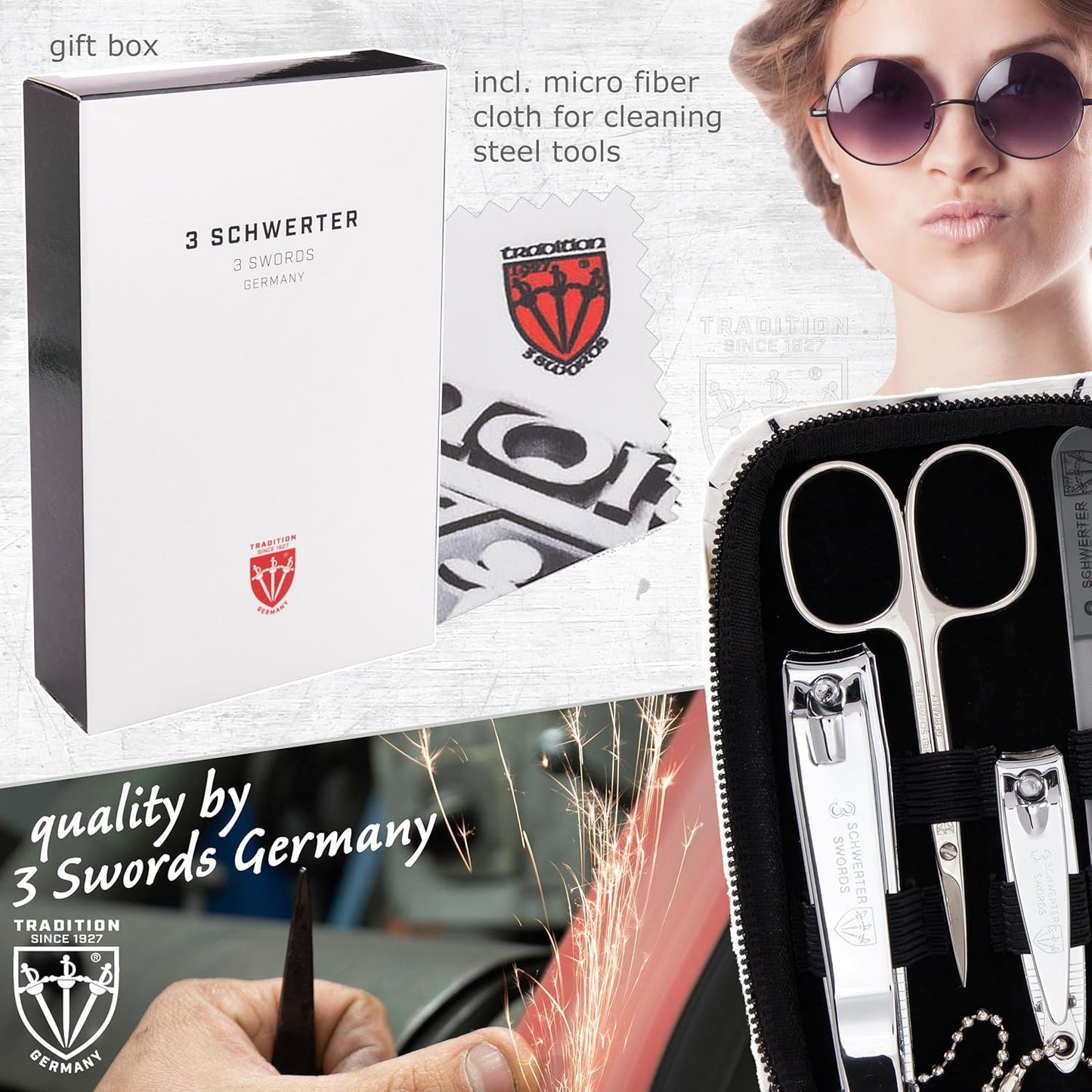3 Swords Germany - brand quality 8 piece manicure pedicure grooming kit set for professional finger & toe nail care scissors clipper fashion leather case camou in gift box, Made in Germany