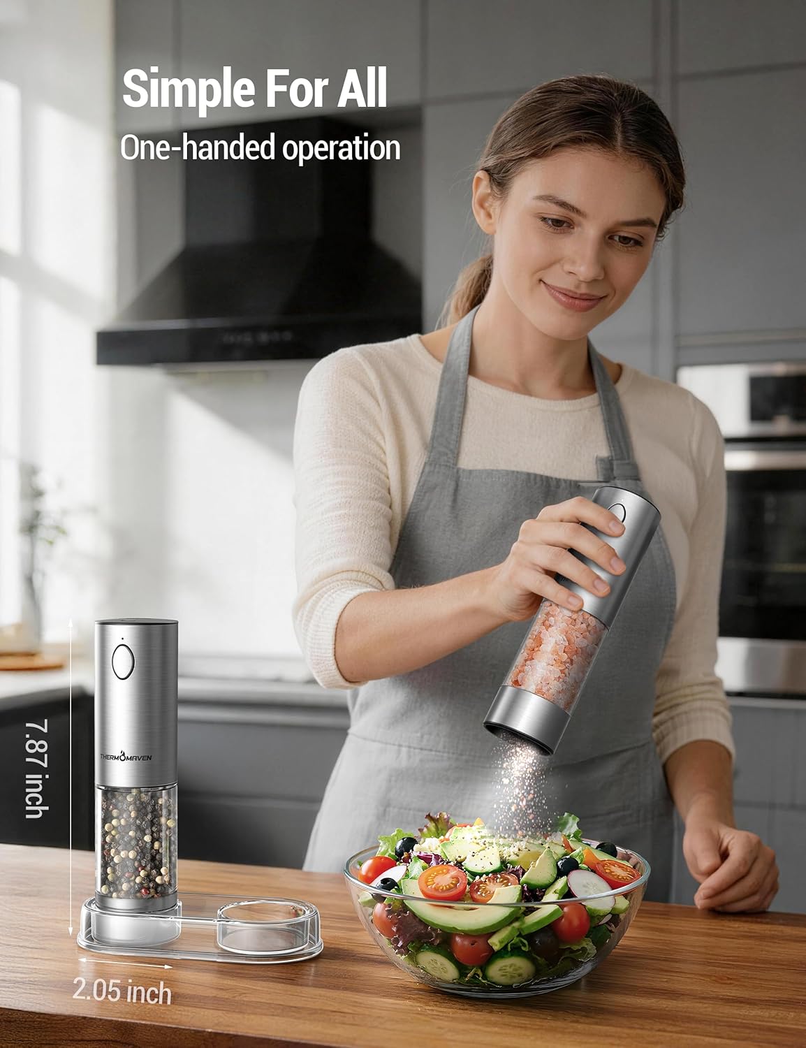 ThermoMaven Electric Salt and Pepper Grinder Set, 110ml Larger Rechargeable Automatic Salt and Pepper Mill Grinder with 6 Adjustable Coarseness, Electric Salt and Pepper Shakers, LED, 2 Packs, Silver