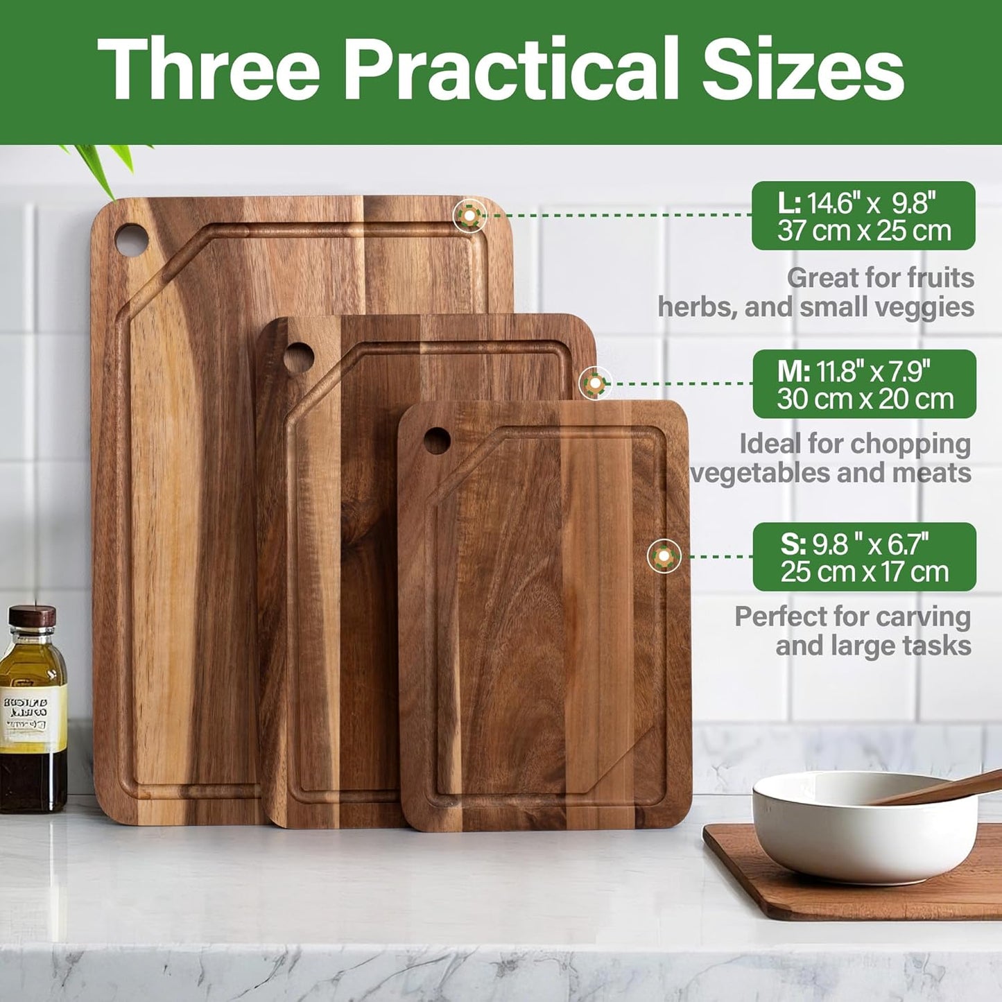 Bamboo Cutting Board for Kitchen, Bamboo Cutting Board Set of 3 with Juice Groove, Double-Sided Chopping Board Serving Board with Hanging Hole for Meat, Vegetables and Cheese