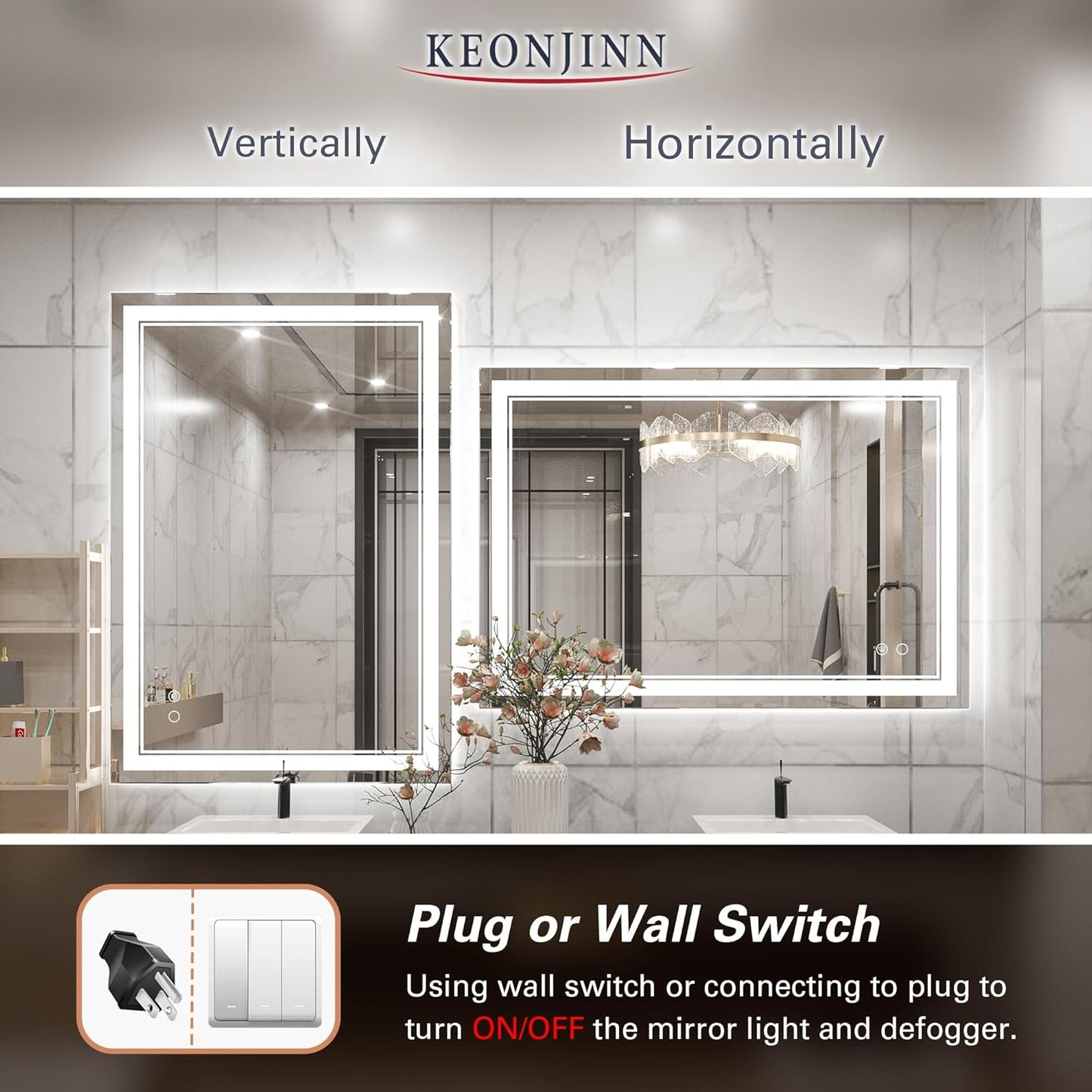 Keonjinn 40 x 24 Inch LED Mirror, Bathroom Mirror with Lights, LED Vanity Mirror, Wall Mounted Anti-Fog Dimmable Lighted Makeup Mirror for Bedroom, IP54 Waterproof (Horizontal/Vertical)