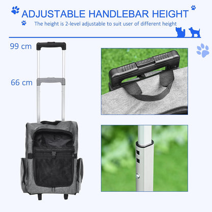 PawHut 2-in-1 Pet Luggage Box Backpack Carrier Cats Dogs w/Handle, Rolling Wheel Grey