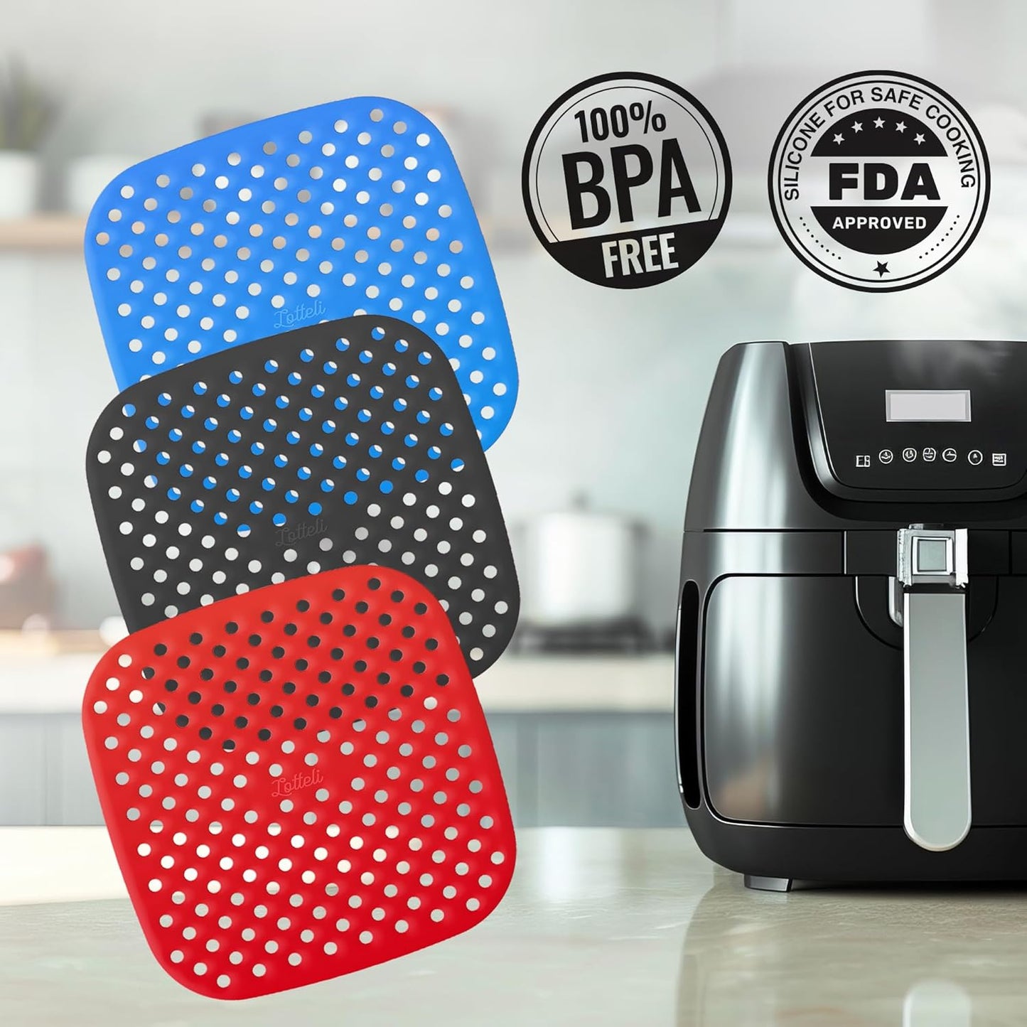 Collapsible Silicone Air Fryer Basket Liners Pot - AirFryer Liners Reusable Bowls for 5 Quart or Bigger - Air Fryer Accessories 2 Pack - Round Silicone Liners (Red & Black)