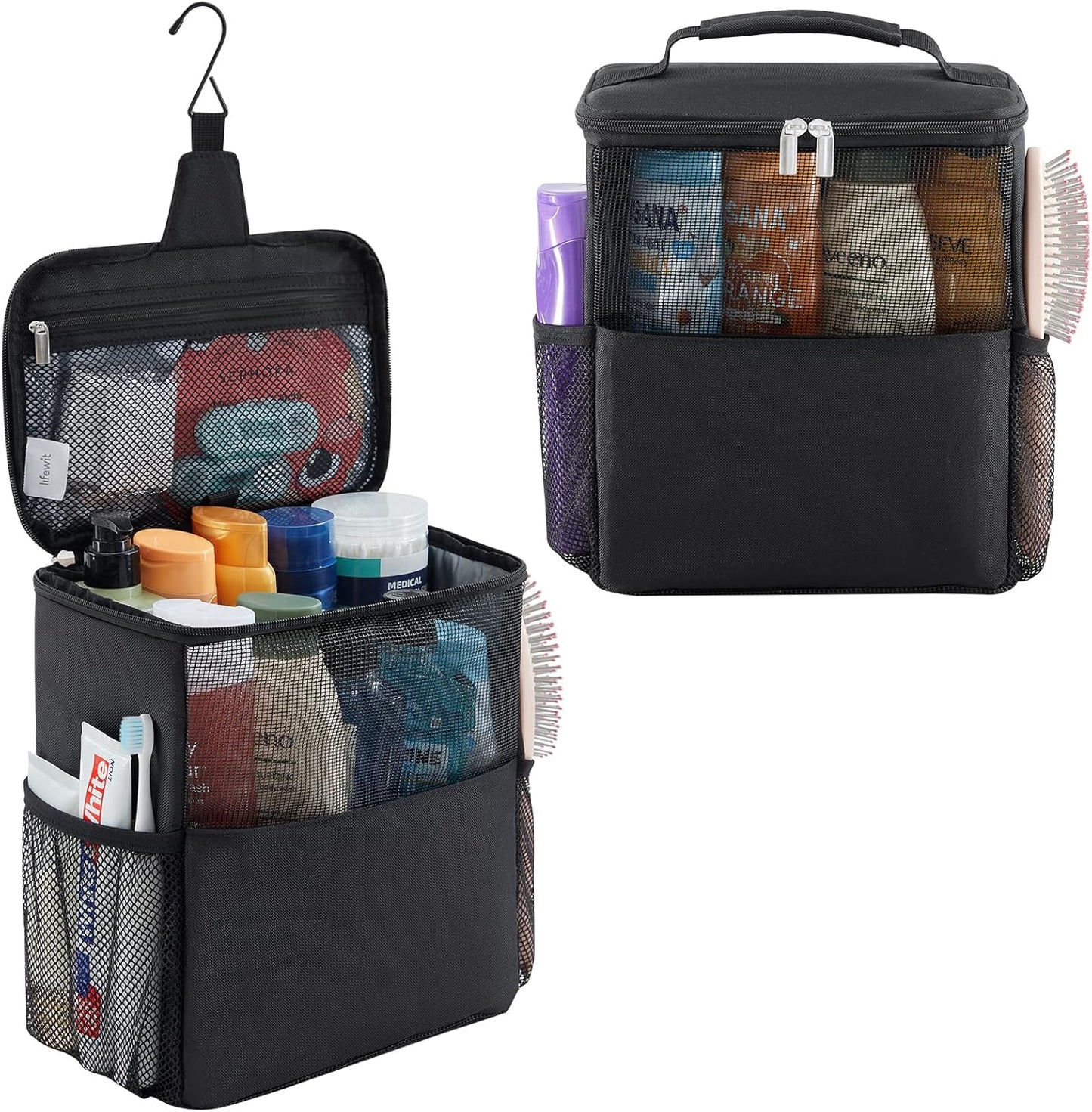 Lifewit Shower Bag Mesh Shower Caddy Portable College Dorm Room Essentials Tote Bag for Bathroom, Gym, Travel, Camping Quick Dry Hanging Shower Organizer Basket Toiletry Bag, Medium, Black