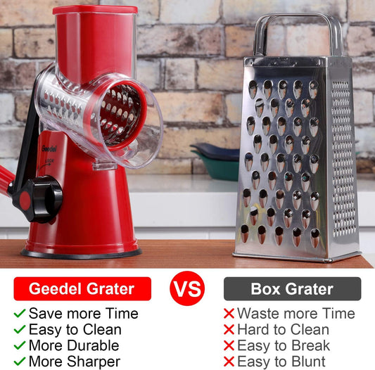 Geedel Kitchen Cheese Grater, Rotary Mandoline Vegetable Slicer with Interchangeable Blades, Easy to Use Rotary Grater Slicer for Fruit, Vegetables, Nuts - PuriLite